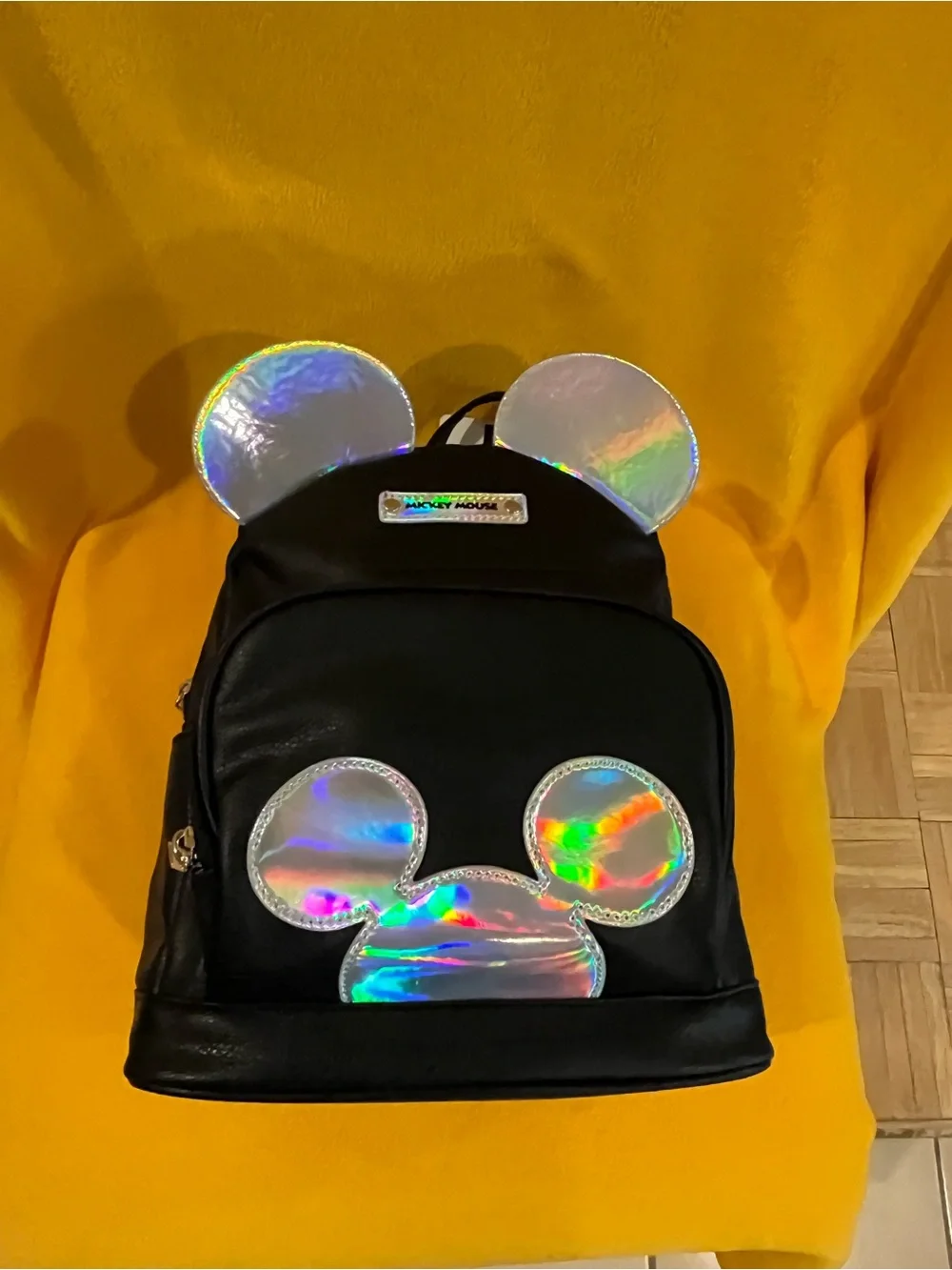 Disney Mickey Mouse black faux leather Mini Backpack w/ holographic details. NWT